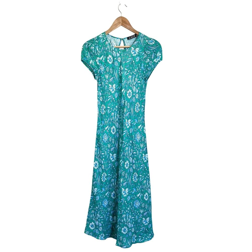 J Crew Gwyneth Bias Cut Dress XS Green Floral Marigold Blooms Garden Party Midi